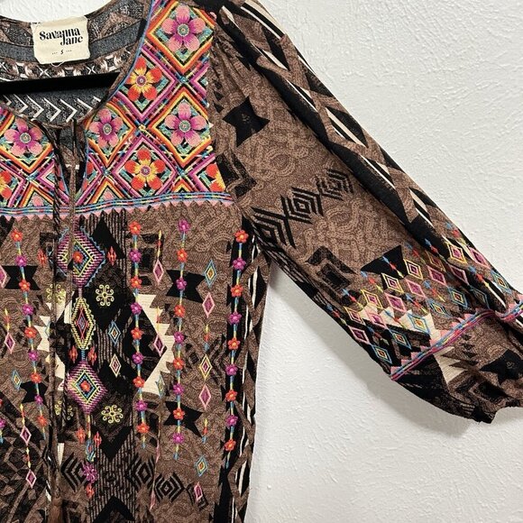 SAVANNA  JANE Women’s Embriodered Tassel Geometric Print Boho Tassel Tunic Sz S - Picture 7 of 12